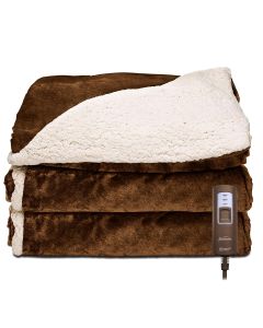 SUNBEAM ROYAL MINK AND SHERPA ELECTRIC HEATED THROW IN SABLE WITH PUSH BUTTON CONTROL