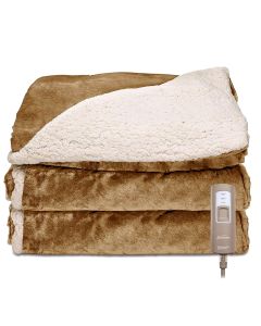 SUNBEAM ROYAL MINK AND SHERPA ELECTRIC HEATED THROW IN HONEY WITH PUSH WITH BUTTON CONTROL