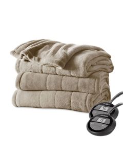 SUNBEAM KING SIZE ELECTRIC MICROPLUSH HEATED BLANKET WITH DUAL DIGITAL CONTROLLERS IN MUSHROOM
