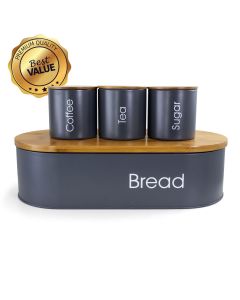 MEGACHEF BAMBOO KITCHEN COUNTERTOP 4 PIECE METAL BREAD BASKET AND CANISTER SET IN GRAY WITH LIDS