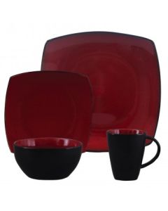 GIBSON SOHO LOUNGE 16 PIECE SQUARE STONEWARE DINNERWARE SET IN RED AND BLACK