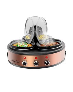 MEGACHEF ROUND TRIPLE 1.5 QUART SLOW COOKER AND BUFFET SERVER IN BRUSHED COPPER AND BLACK FINISH WITH 3 CERAMIC COOKING POTS AND REMOVABLE LID RESTS