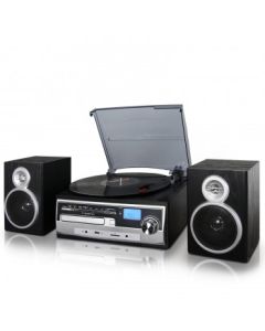 TREXONIC 3-SPEED VINYL TURNTABLE HOME STEREO SYSTEM WITH CD PLAYER, FM RADIO, BLUETOOTH, USB/SD RECORDING AND WIRED SHELF SPEAKERS