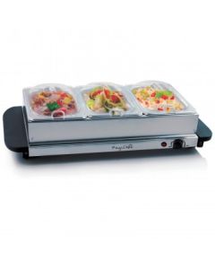 MEGACHEF BUFFET SERVER & FOOD WARMER WITH 3 REMOVABLE SECTIONAL TRAYS , HEATED WARMING TRAY AND REMOVABLE TRAY FRAME