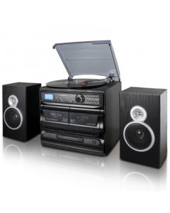 TREXONIC 3-SPEED VINYL TURNTABLE HOME STEREO SYSTEM WITH CD PLAYER, DUAL CASSETTE PLAYER, BLUETOOTH, FM RADIO & USB/SD RECORDING AND WIRED SHELF SPEAKERS