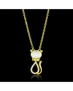 JCE409 Gold 925 Sterling Silver Chain Pendant with Synthetic Cat Eye in White
