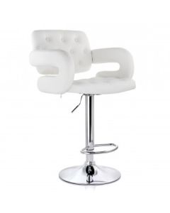 ELAMA FAUX LEATHER TUFTED BAR STOOL IN WHITE WITH CHROME BASE AND ADJUSTABLE HEIGHT